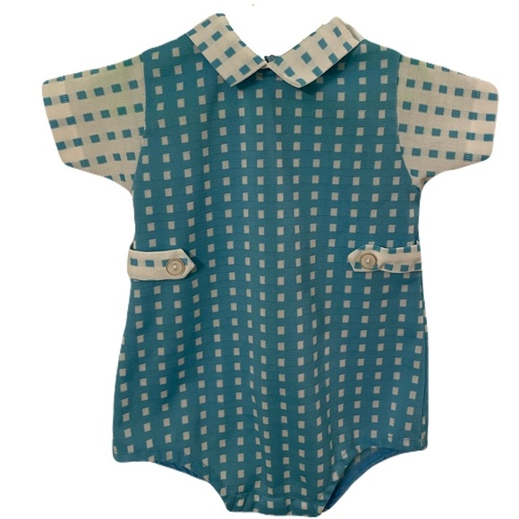 Vintage 60s/70s Baby Carter's Blue and White Checkered Baby Romper One-Piece 12M - Picture 1 of 3
